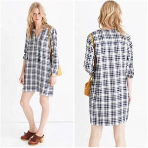 Madewell Plaid Artiste Tunic Shift Dress Size XS Blue Cream 6769